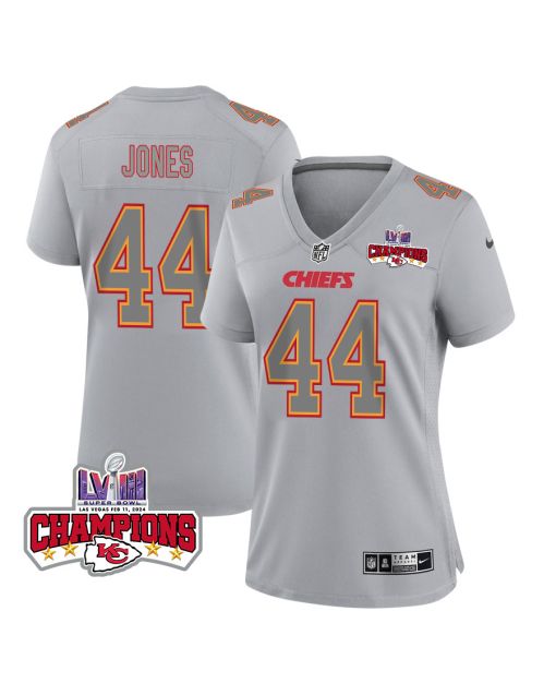 Cam Jones 44 Kansas City Chiefs Super Bowl LVIII Champions 4 Stars Patch Atmosphere Fashion Game Women Jersey – Gray