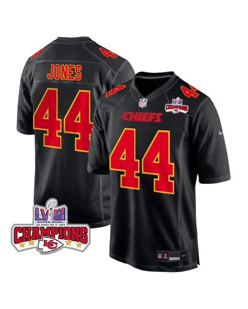 Cam Jones 44 Kansas City Chiefs Super Bowl LVIII Champions 4 Stars Patch Fashion Game Men Jersey – Carbon Black