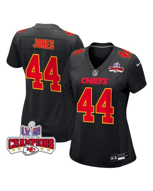 Cam Jones 44 Kansas City Chiefs Super Bowl LVIII Champions 4 Stars Patch Fashion Game Women Jersey – Carbon Black