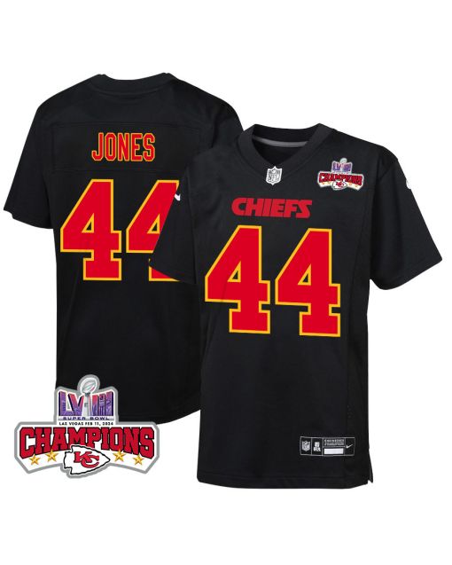 Cam Jones 44 Kansas City Chiefs Super Bowl LVIII Champions 4 Stars Patch Fashion Game YOUTH Jersey – Carbon Black