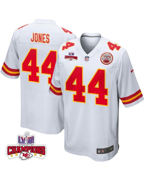 Cam Jones 44 Kansas City Chiefs Super Bowl LVIII Champions 4 Stars Patch Game Men Jersey – White