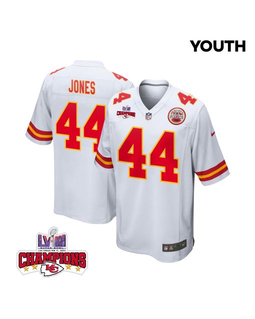 Cam Jones 44 Kansas City Chiefs Super Bowl LVIII Champions 4 Stars Patch Game YOUTH Jersey – White
