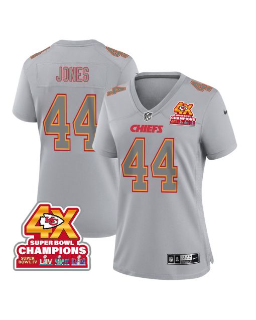 Cam Jones 44 Kansas City Chiefs Super Bowl LVIII Champions 4X Atmosphere Fashion Game Women Jersey – Gray