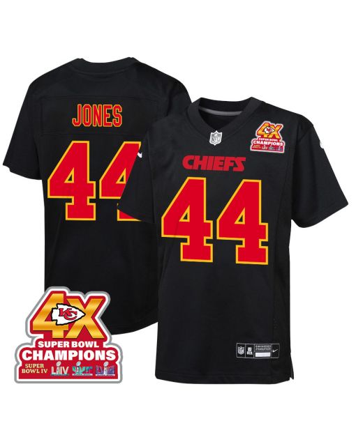 Cam Jones 44 Kansas City Chiefs Super Bowl LVIII Champions 4X Fashion Game YOUTH Jersey – Carbon Black