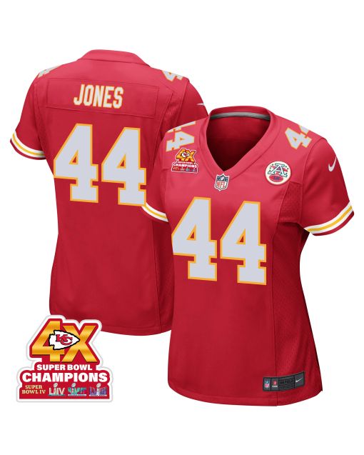 Cam Jones 44 Kansas City Chiefs Super Bowl LVIII Champions 4X Game Women Jersey – Red