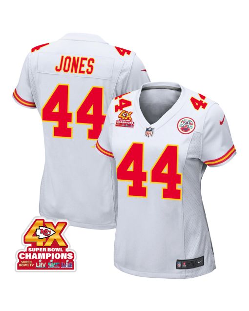 Cam Jones 44 Kansas City Chiefs Super Bowl LVIII Champions 4X Game Women Jersey – White