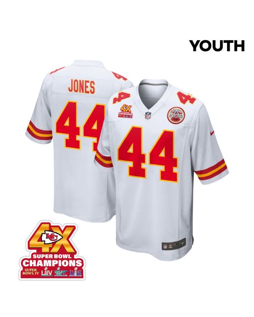 Cam Jones 44 Kansas City Chiefs Super Bowl LVIII Champions 4X Game YOUTH Jersey – White