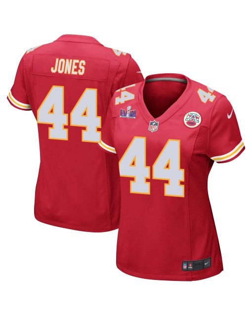 Cam Jones 44 Kansas City Chiefs Super Bowl LVIII Patch Game Women Jersey – Red