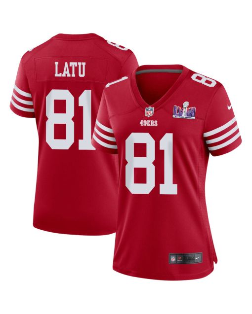 Cameron Latu 81 San Francisco 49ers Super Bowl LVIII Patch Game Women Jersey – Scarlet
