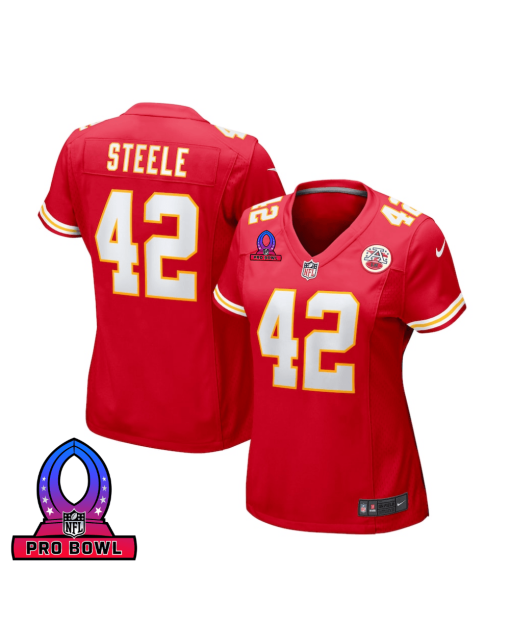 Carson Steele 42 Kansas City Chiefs 2025 Pro Bowl Patch Women Game Jersey – Red