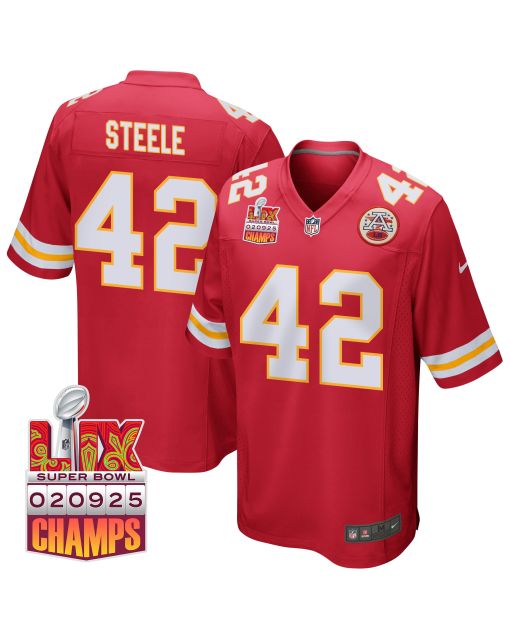 Carson Steele 42 Kansas City Chiefs Super Bowl LIX Champions Patch Game Men Jersey – Red