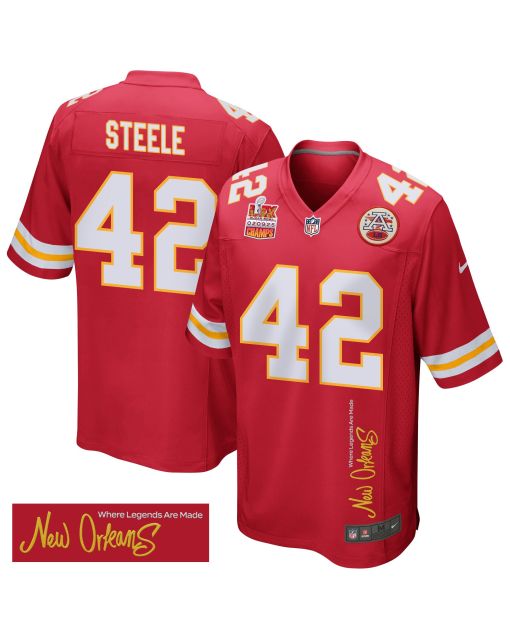 Carson Steele 42 Kansas City Chiefs Super Bowl LIX Champions Patch ‘New Orleans – Where Legends Are Made’ EMBROIDERED Game Men Jersey – Red