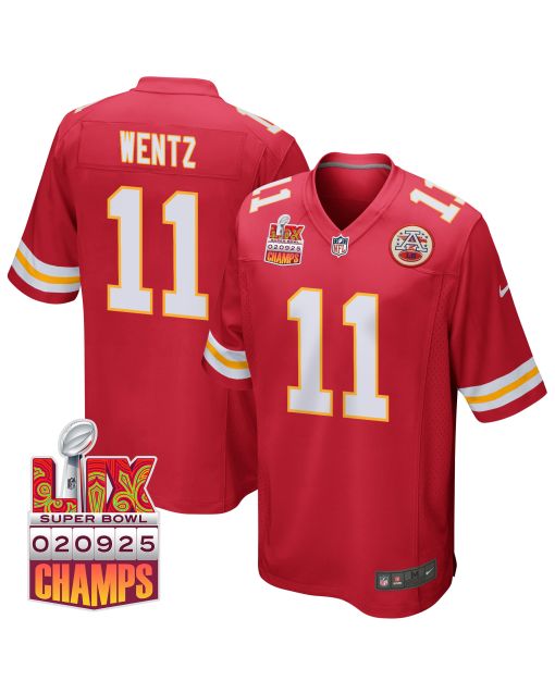 Carson Wentz 11 Kansas City Chiefs Super Bowl LIX Champions Patch Game Men Jersey – Red