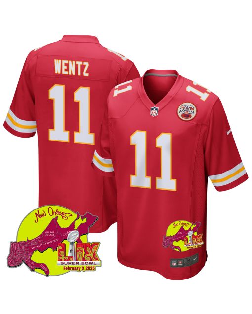 Carson Wentz 11 Kansas City Chiefs Super Bowl LIX New Orleans Patch Game Men Jersey – Red