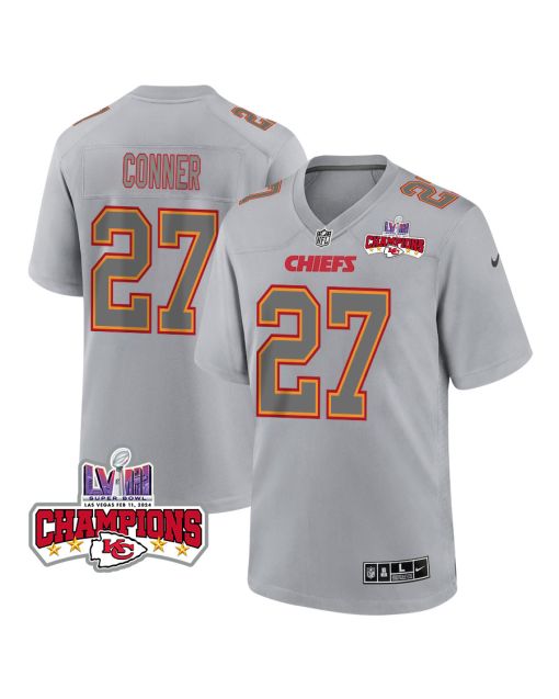 Chamarri Conner 27 Kansas City Chiefs Super Bowl LVIII Champions 4 Stars Patch Atmosphere Fashion Game Men Jersey – Gray