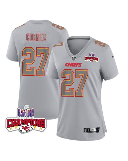 Chamarri Conner 27 Kansas City Chiefs Super Bowl LVIII Champions 4 Stars Patch Atmosphere Fashion Game Women Jersey – Gray