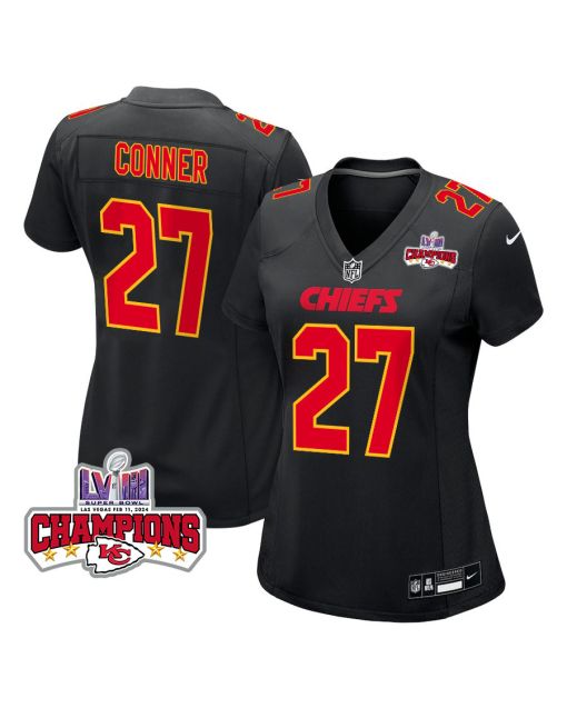 Chamarri Conner 27 Kansas City Chiefs Super Bowl LVIII Champions 4 Stars Patch Fashion Game Women Jersey – Carbon Black
