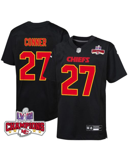 Chamarri Conner 27 Kansas City Chiefs Super Bowl LVIII Champions 4 Stars Patch Fashion Game YOUTH Jersey – Carbon Black