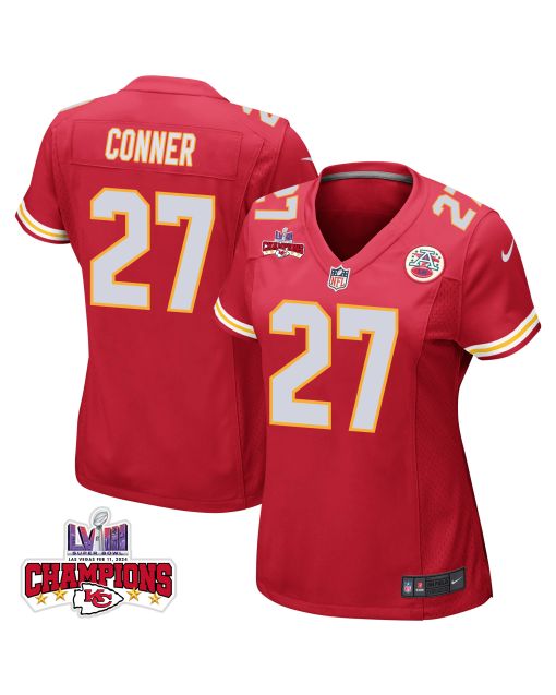 Chamarri Conner 27 Kansas City Chiefs Super Bowl LVIII Champions 4 Stars Patch Game Women Jersey – Red