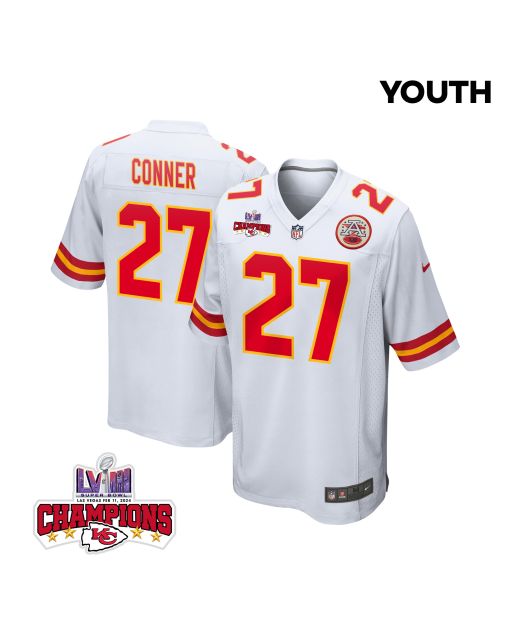 Chamarri Conner 27 Kansas City Chiefs Super Bowl LVIII Champions 4 Stars Patch Game YOUTH Jersey – White