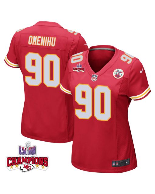 Charles Omenihu 90 Kansas City Chiefs Super Bowl LVIII Champions 4 Stars Patch Game Women Jersey – Red
