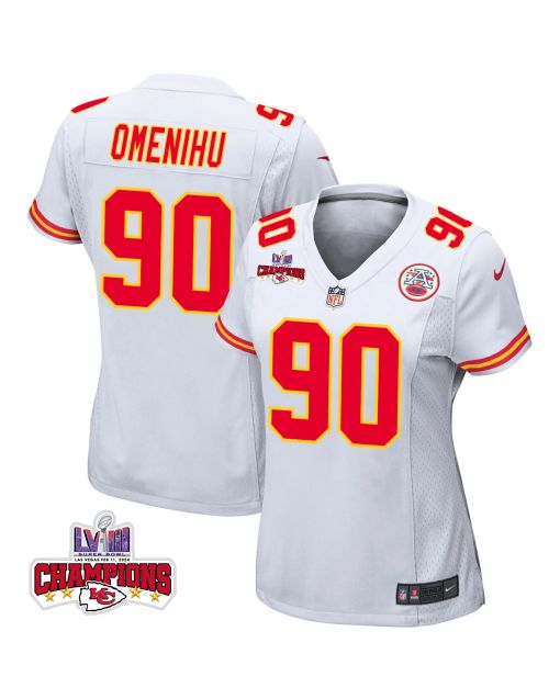 Charles Omenihu 90 Kansas City Chiefs Super Bowl LVIII Champions 4 Stars Patch Game Women Jersey – White