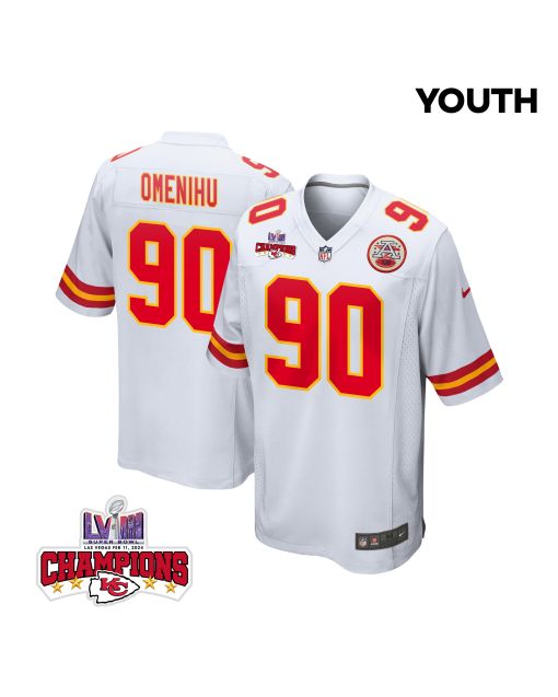 Charles Omenihu 90 Kansas City Chiefs Super Bowl LVIII Champions 4 Stars Patch Game YOUTH Jersey – White