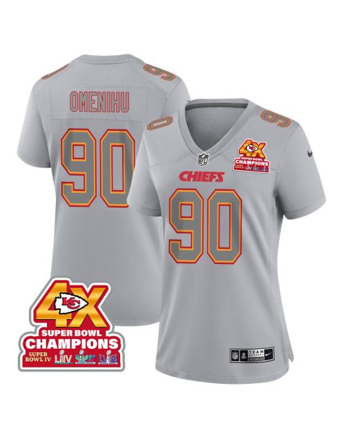 Charles Omenihu 90 Kansas City Chiefs Super Bowl LVIII Champions 4X Atmosphere Fashion Game Women Jersey – Gray