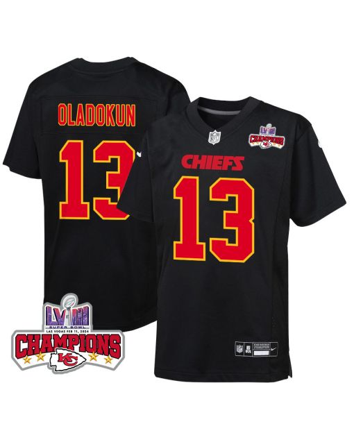 Chris Oladokun 13 Kansas City Chiefs Super Bowl LVIII Champions 4 Stars Patch Fashion Game YOUTH Jersey – Carbon Black