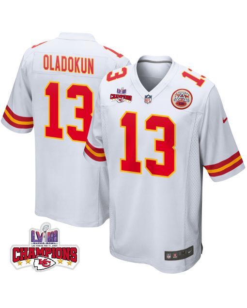 Chris Oladokun 13 Kansas City Chiefs Super Bowl LVIII Champions 4 Stars Patch Game Men Jersey – White