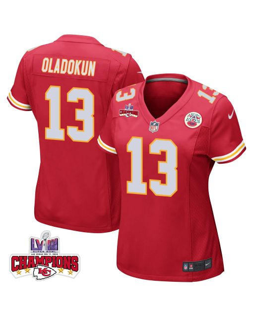Chris Oladokun 13 Kansas City Chiefs Super Bowl LVIII Champions 4 Stars Patch Game Women Jersey – Red