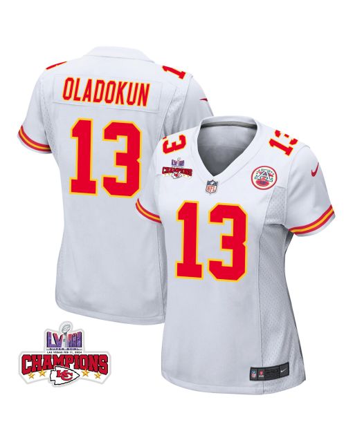 Chris Oladokun 13 Kansas City Chiefs Super Bowl LVIII Champions 4 Stars Patch Game Women Jersey – White