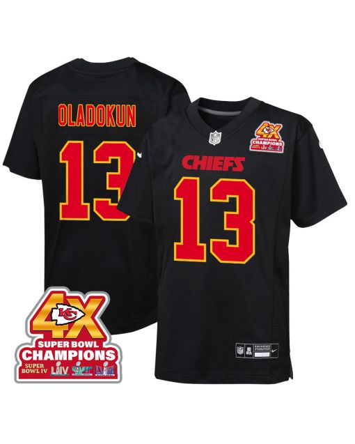 Chris Oladokun 13 Kansas City Chiefs Super Bowl LVIII Champions 4X Fashion Game YOUTH Jersey – Carbon Black