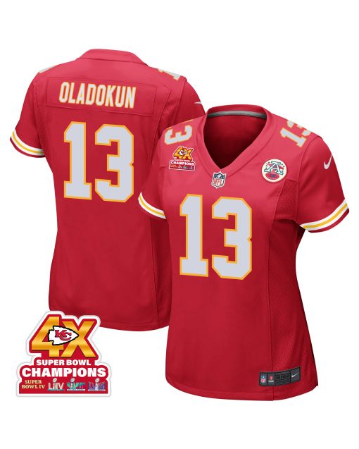Chris Oladokun 13 Kansas City Chiefs Super Bowl LVIII Champions 4X Game Women Jersey – Red