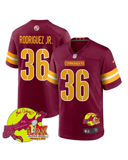 Chris Rodriguez Jr. 36 Washington Commanders Super Bowl LIX New Orleans Patch Game Men Jersey – Burgundy