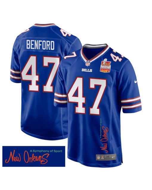 Christian Benford 47 Buffalo Bills Super Bowl LIX Champions Patch ‘New Orleans – A Symphony of Sport’ EMBROIDERED Game Men Jersey – Royal