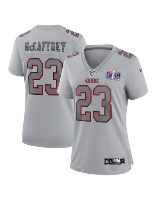 Christian McCaffrey 23 San Francisco 49ers Super Bowl LVIII Atmosphere Fashion Game Women Jersey – Gray