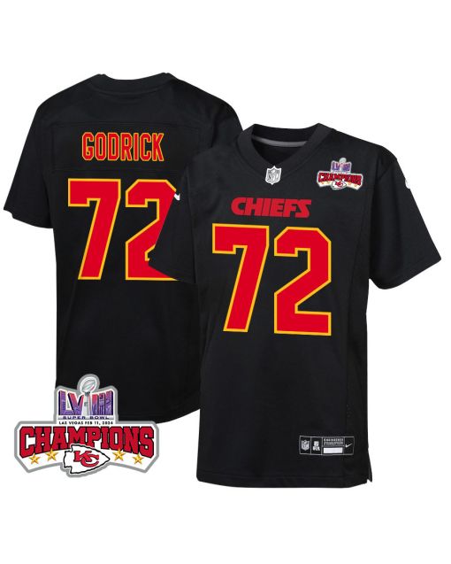 Chukwuebuka Godrick 72 Kansas City Chiefs Super Bowl LVIII Champions 4 Stars Patch Fashion Game YOUTH Jersey – Carbon Black
