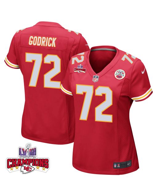 Chukwuebuka Godrick 72 Kansas City Chiefs Super Bowl LVIII Champions 4 Stars Patch Game Women Jersey – Red