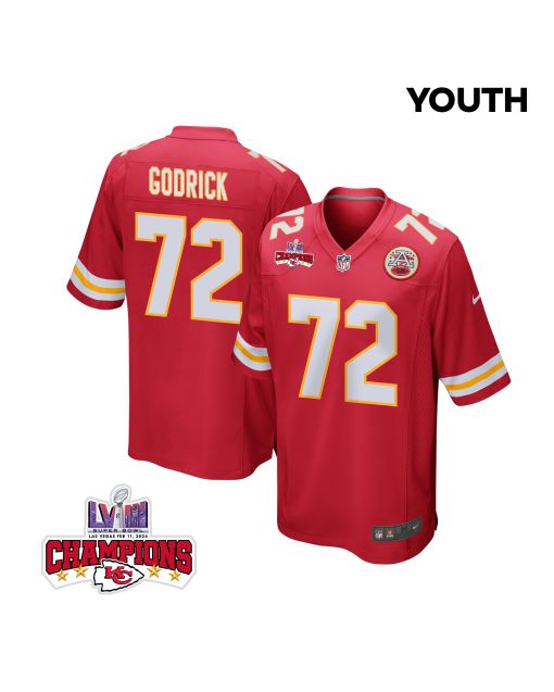 Chukwuebuka Godrick 72 Kansas City Chiefs Super Bowl LVIII Champions 4 Stars Patch Game YOUTH Jersey – Red