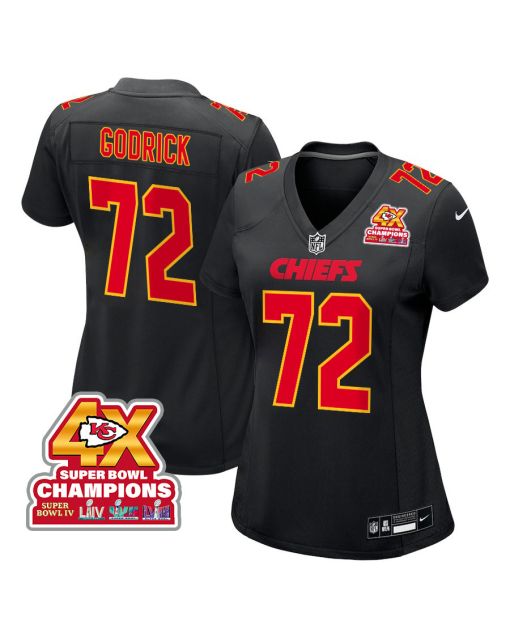 Chukwuebuka Godrick 72 Kansas City Chiefs Super Bowl LVIII Champions 4X Fashion Game Women Jersey – Carbon Black