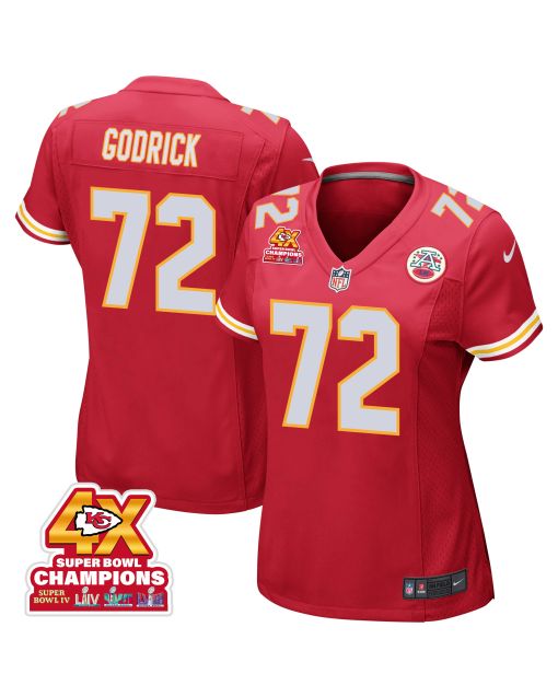 Chukwuebuka Godrick 72 Kansas City Chiefs Super Bowl LVIII Champions 4X Game Women Jersey – Red