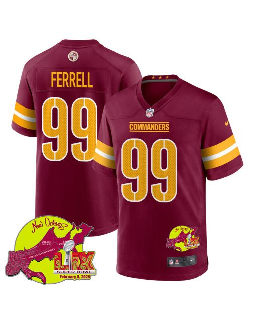 Clelin Ferrell 99 Washington Commanders Super Bowl LIX New Orleans Patch Game Men Jersey – Burgundy