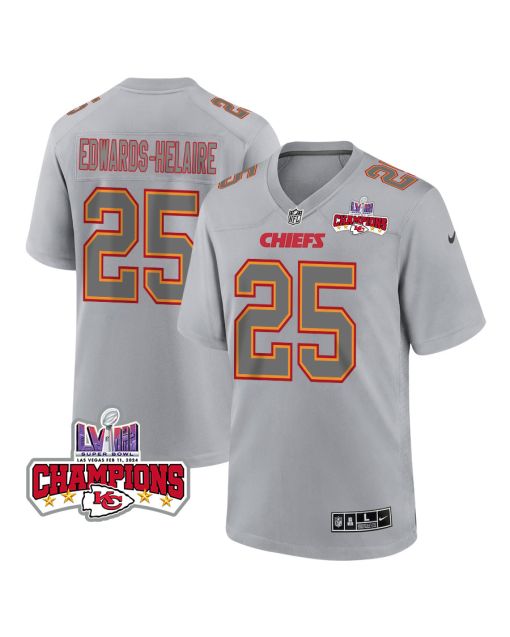 Clyde Edwards-Helaire 25 Kansas City Chiefs Super Bowl LVIII Champions 4 Stars Patch Atmosphere Fashion Game Men Jersey – Gray