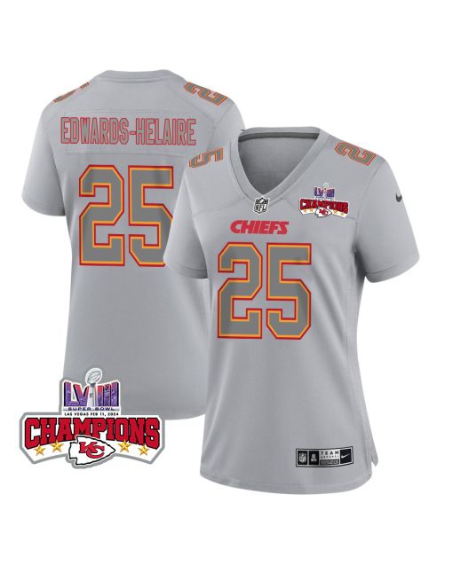 Clyde Edwards-Helaire 25 Kansas City Chiefs Super Bowl LVIII Champions 4 Stars Patch Atmosphere Fashion Game Women Jersey – Gray