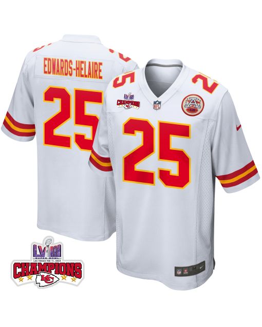 Clyde Edwards-Helaire 25 Kansas City Chiefs Super Bowl LVIII Champions 4 Stars Patch Game Men Jersey – White