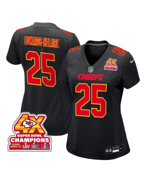 Clyde Edwards-Helaire 25 Kansas City Chiefs Super Bowl LVIII Champions 4X Fashion Game Women Jersey – Carbon Black