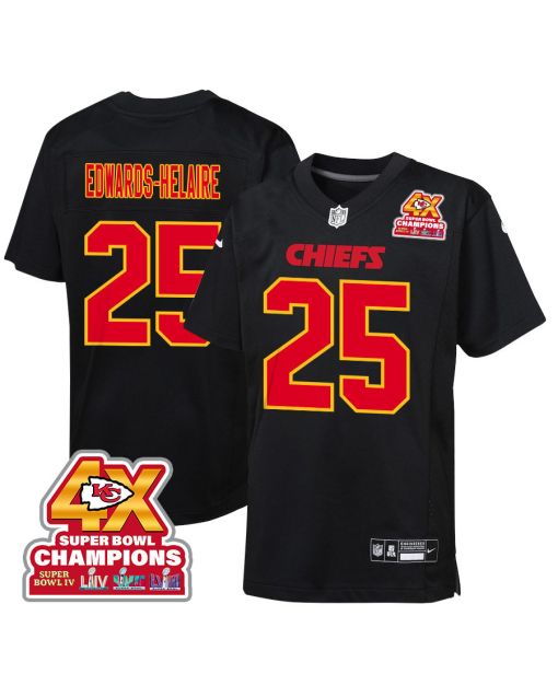 Clyde Edwards-Helaire 25 Kansas City Chiefs Super Bowl LVIII Champions 4X Fashion Game YOUTH Jersey – Carbon Black