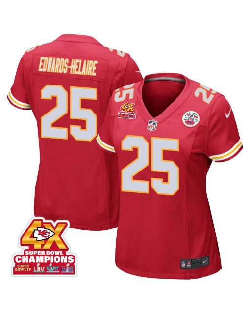Clyde Edwards-Helaire 25 Kansas City Chiefs Super Bowl LVIII Champions 4X Game Women Jersey – Red