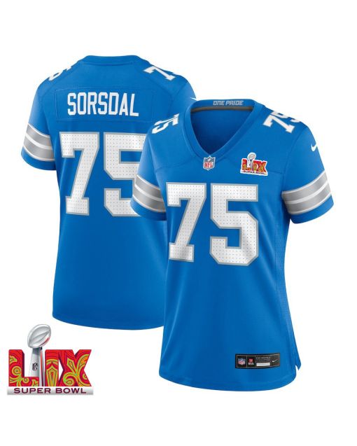 Colby Sorsdal #75 Detroit Lions Super Bowl LIX Women’s Jersey – Blue